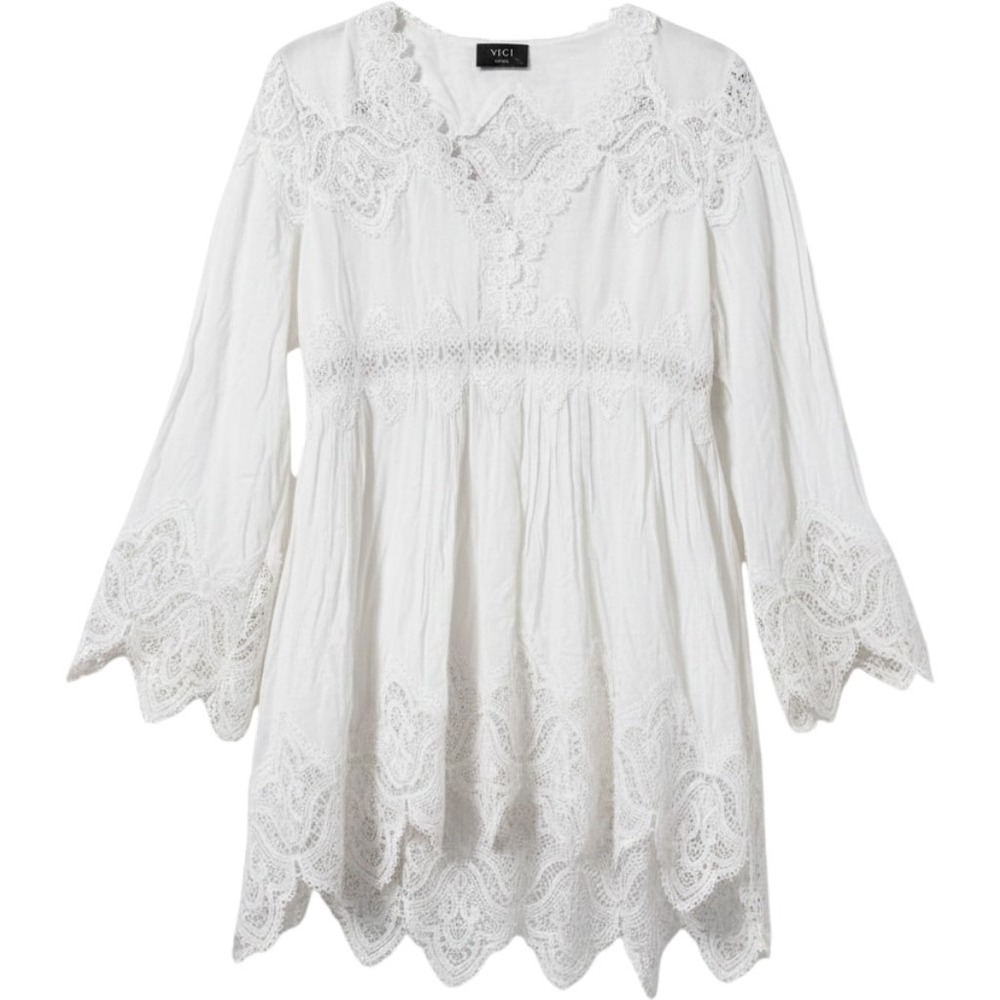 VICI Lace Crochet Tunic Top Small White Long Sleeve JFT582 Boho Cottagecore